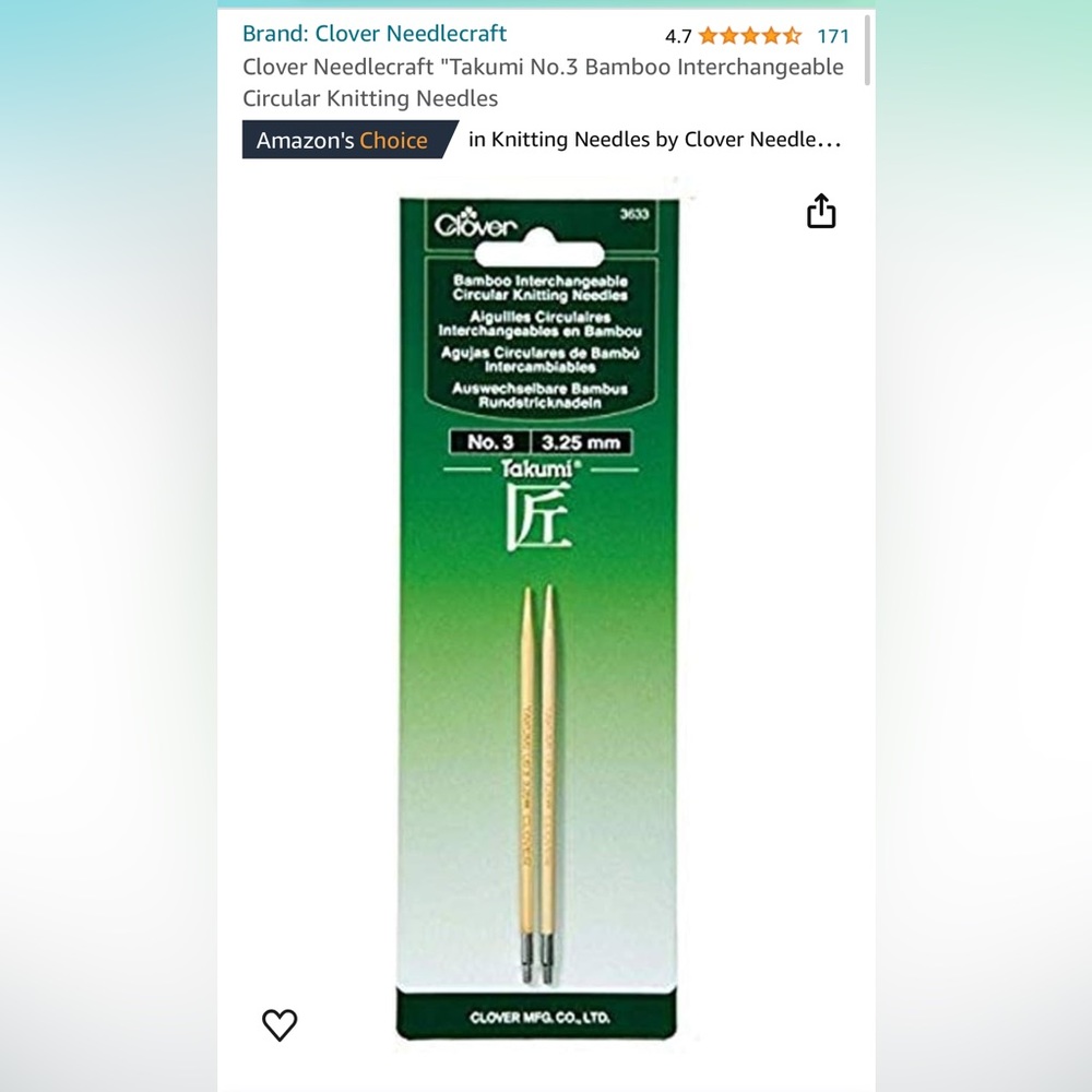 Clover Needlecraft Takumi No.3 Bamboo Interchangeable Circular Knitting Needles